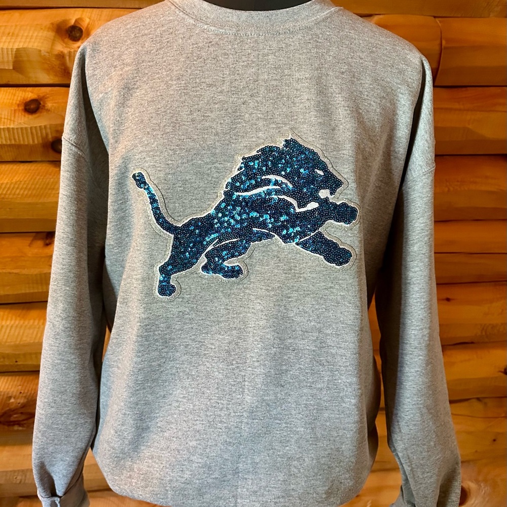 Detroit lions sweater! NFL Gray Sweatshirt with Blue Glitter Logo! Size large